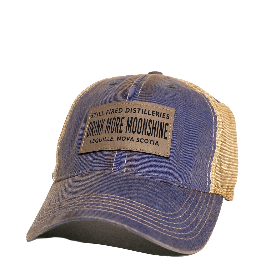 Womens navy blue and beige mesh back hat with custom drink more moonshine leather patch.
